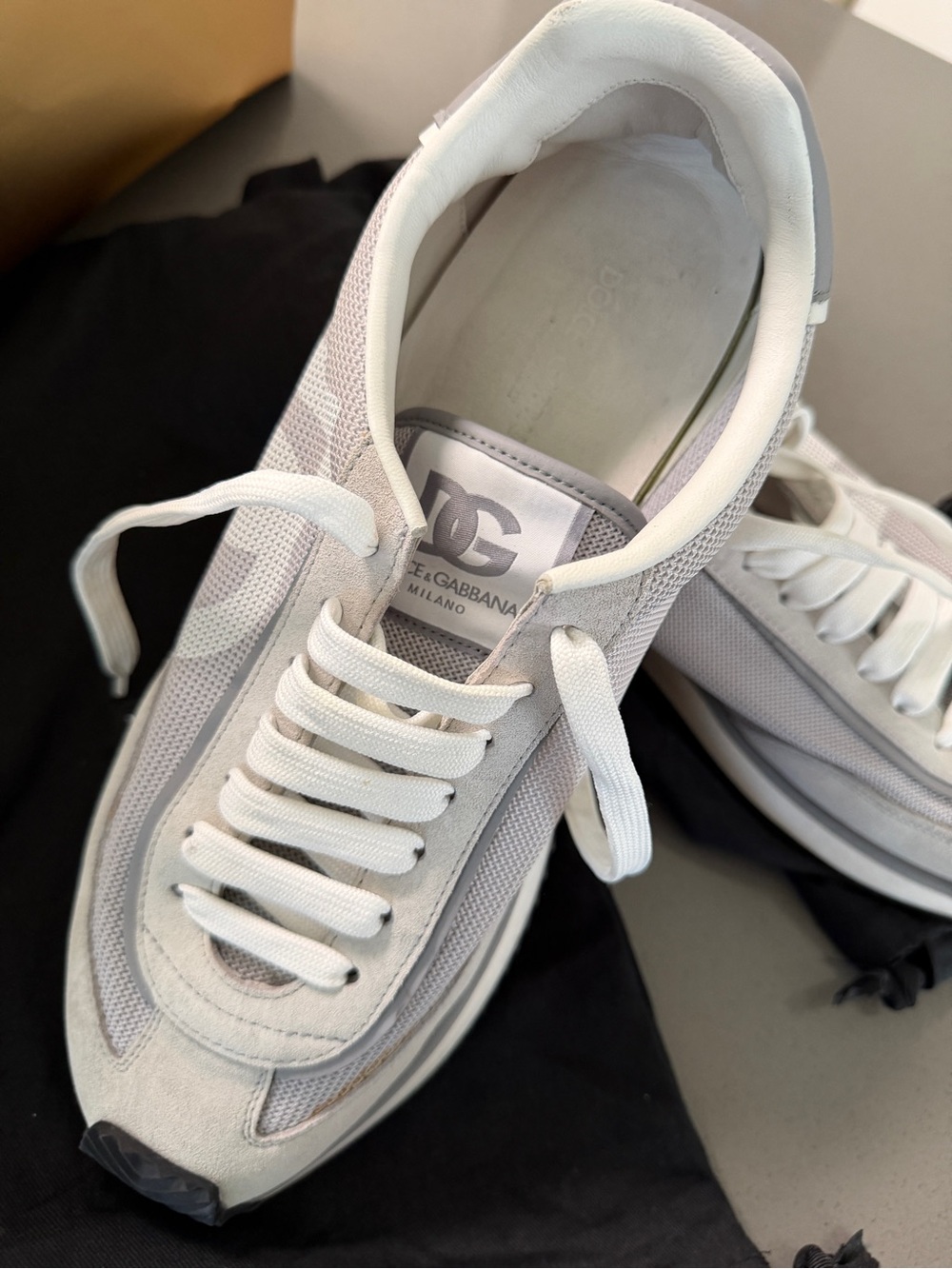 Dolce and Gabbana White and Light Gray Leather Mesh Sneakers - Picture 2 of 6